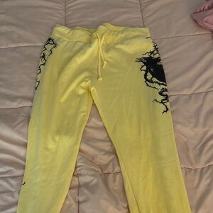 Affliction Yellow Wide Leg Pants with Black Design